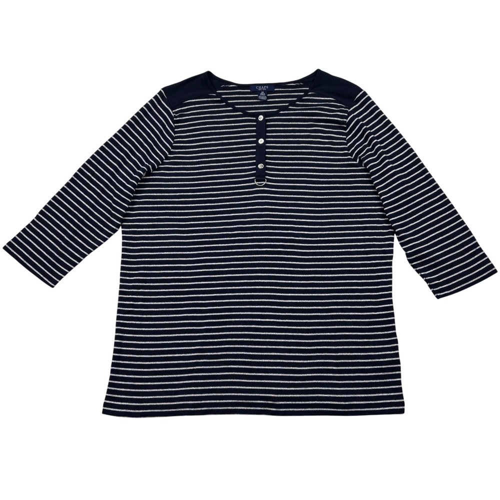 Chaps Shirt Womens 2X Blue Silver Striped Metallic 3 4 Sleeve Henley Knit Top